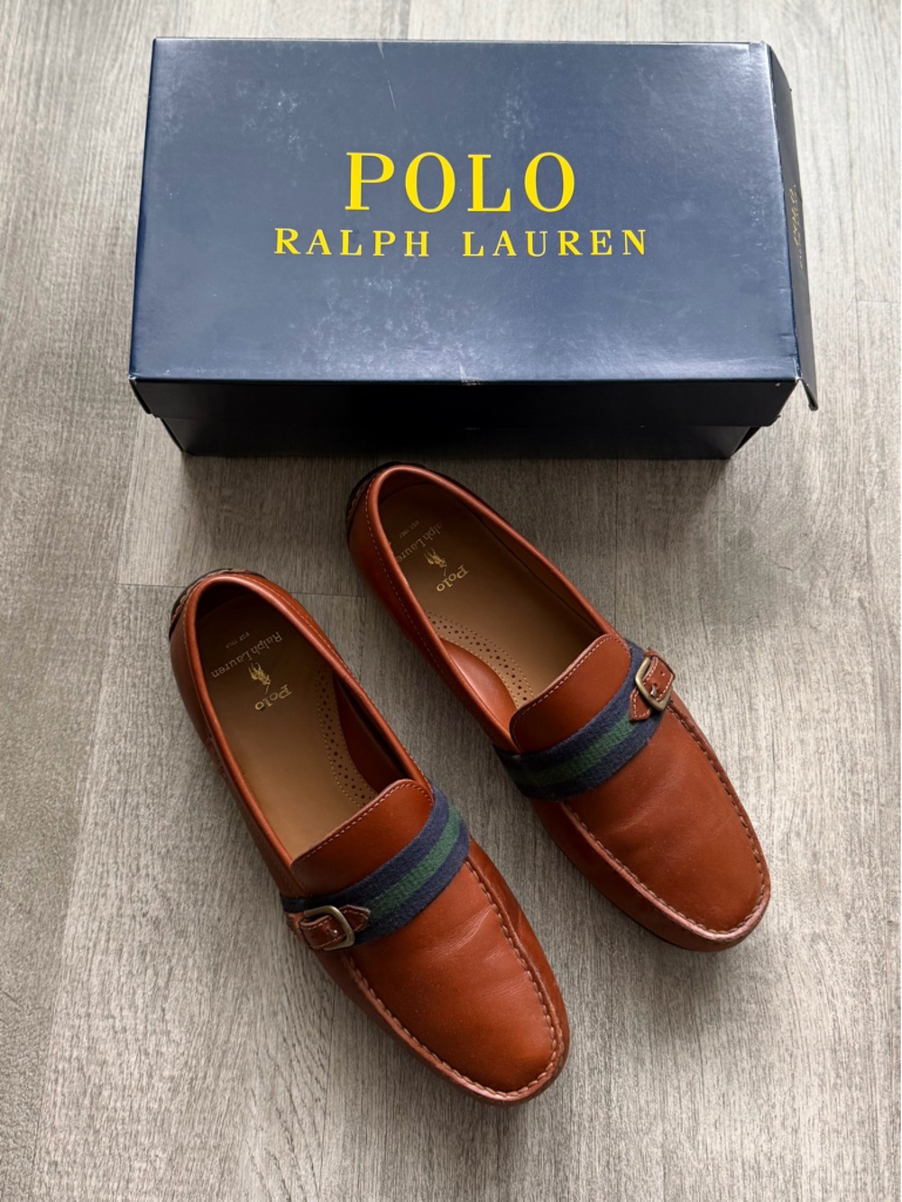 Polo by Ralph Lauren Brown Leather Loafers with Navy & Green Strap - Picture 4 of 4